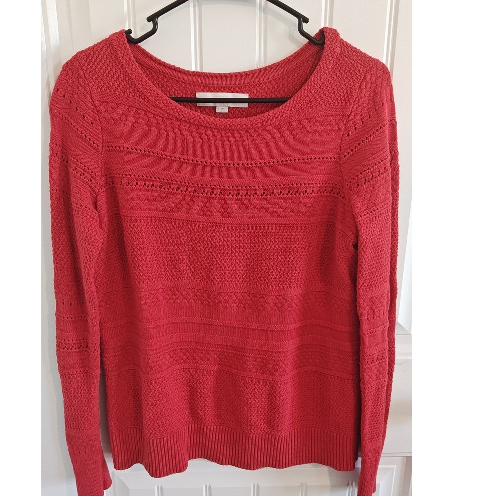 Women Size S Ann Taylor LOFT Pink Pointelle Knit Sweater Preppy Classic Top